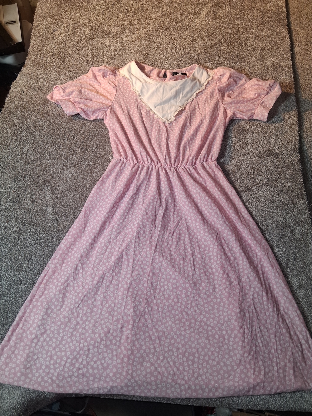 Jenny Petite Girls Pink Floral Cottage Dress with Cream Yoke and Puff Sleeves